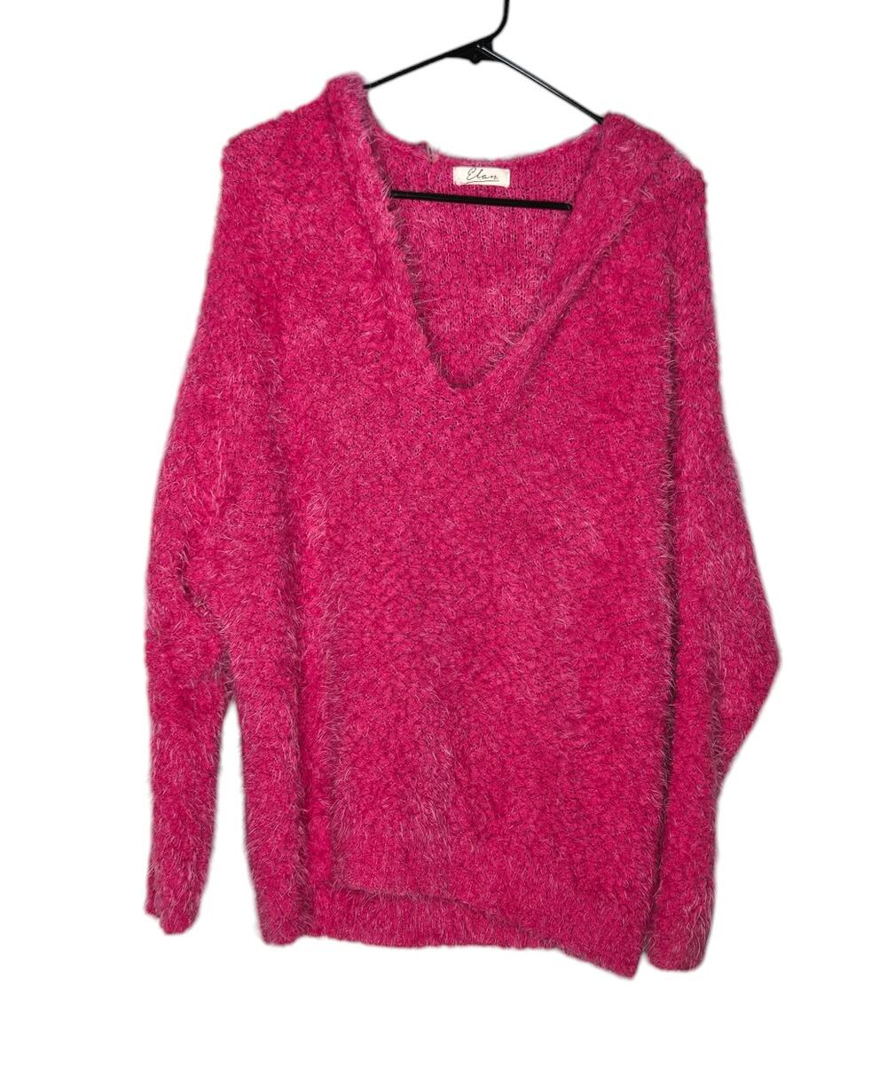 Elan Hot Pink V-neck Fuzzy Popcorn Knit Pullover Hoodie Sweater Women's Large